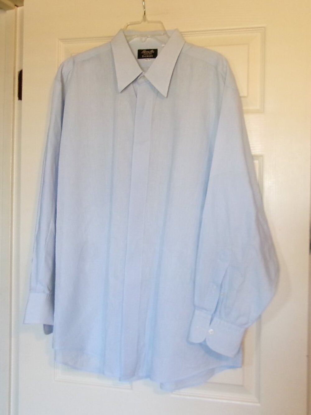 2005 HAMILTON BAUMANS Blue Linen Custom Made Shirt Small BB Monogram on cuff